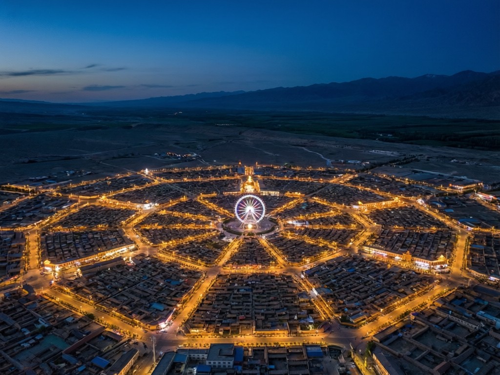 特克斯八卦城夜景（AI 生成示意配图）